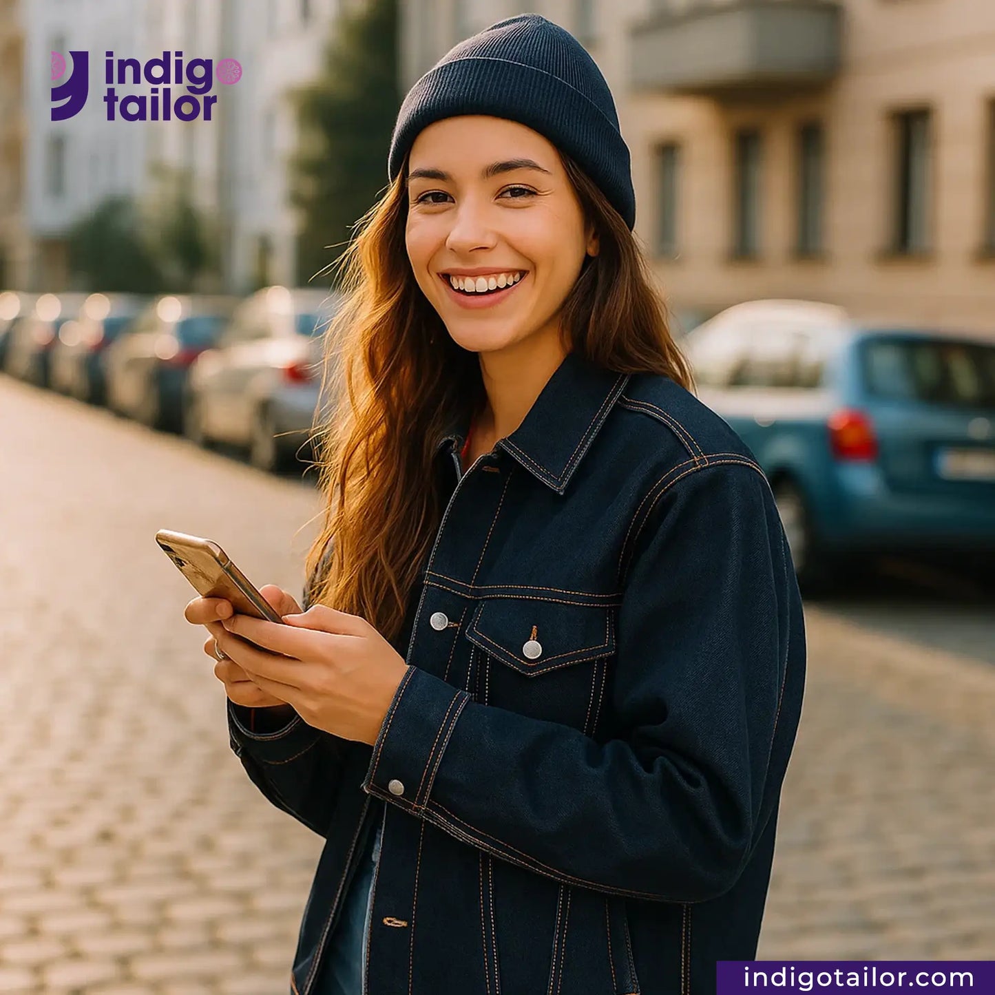 Woman in STRETCHY SELVEDGE DEEP INDIGO PINK jacket and beanie using a phone on a street, with 'indigotailor' branding.
