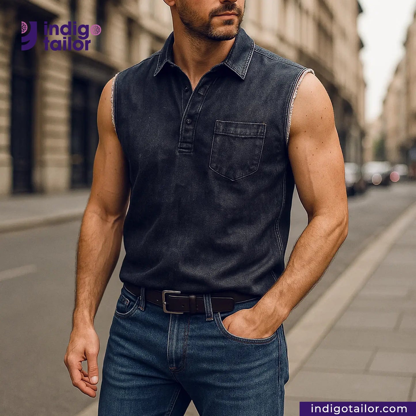 Man wearing a sleeveless STRETCHY SELVEDGE DEEP INDIGO PINK ID shirt and jeans on a city street, with 'Indigotailor' branding.