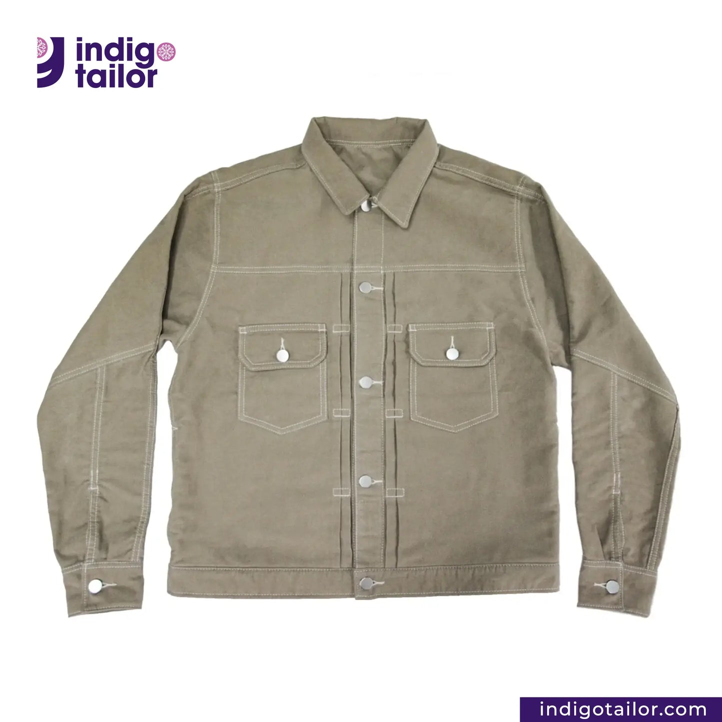 SUEDE JACKET with white buttons on a white background, featuring the Indigotailor logo.