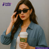 Woman wearing sunglasses and holding a coffee cup with Indigotailor logo. wearing SUMMER INDIGO SELVEDGE CHAMBRAY denim shirt