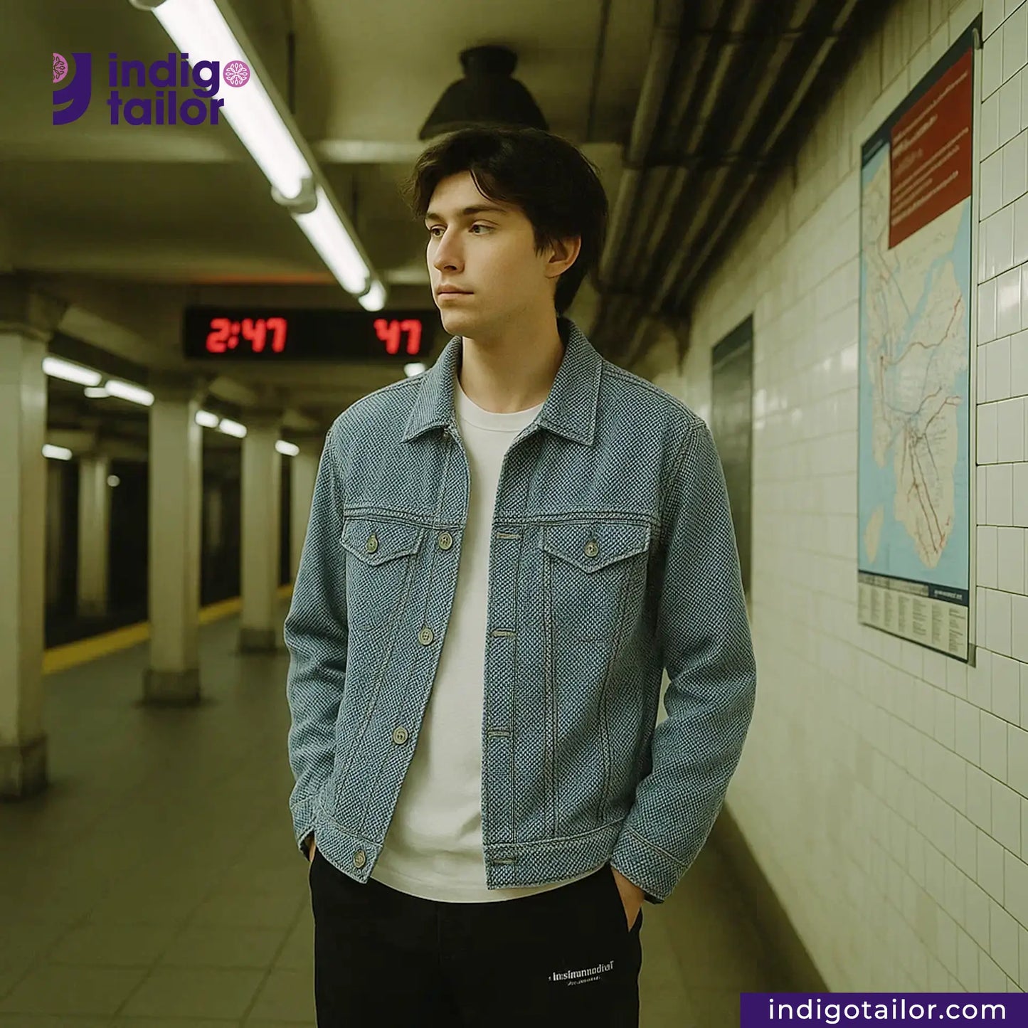 Person wearing a SUMMER SASHIKO DOBBY jacket in a subway setting with Indigotailor branding.