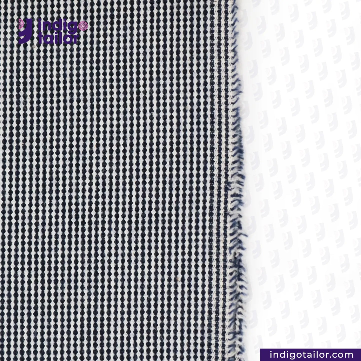 SUMMER SASHIKO DOBBY fabric with a checkered pattern on a white background, featuring the brand 'Indigotailor'.
