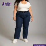 Person wearing SUMMER SASHIKO DOBBY jeans and a white top with 'Indigo Tailor' branding.