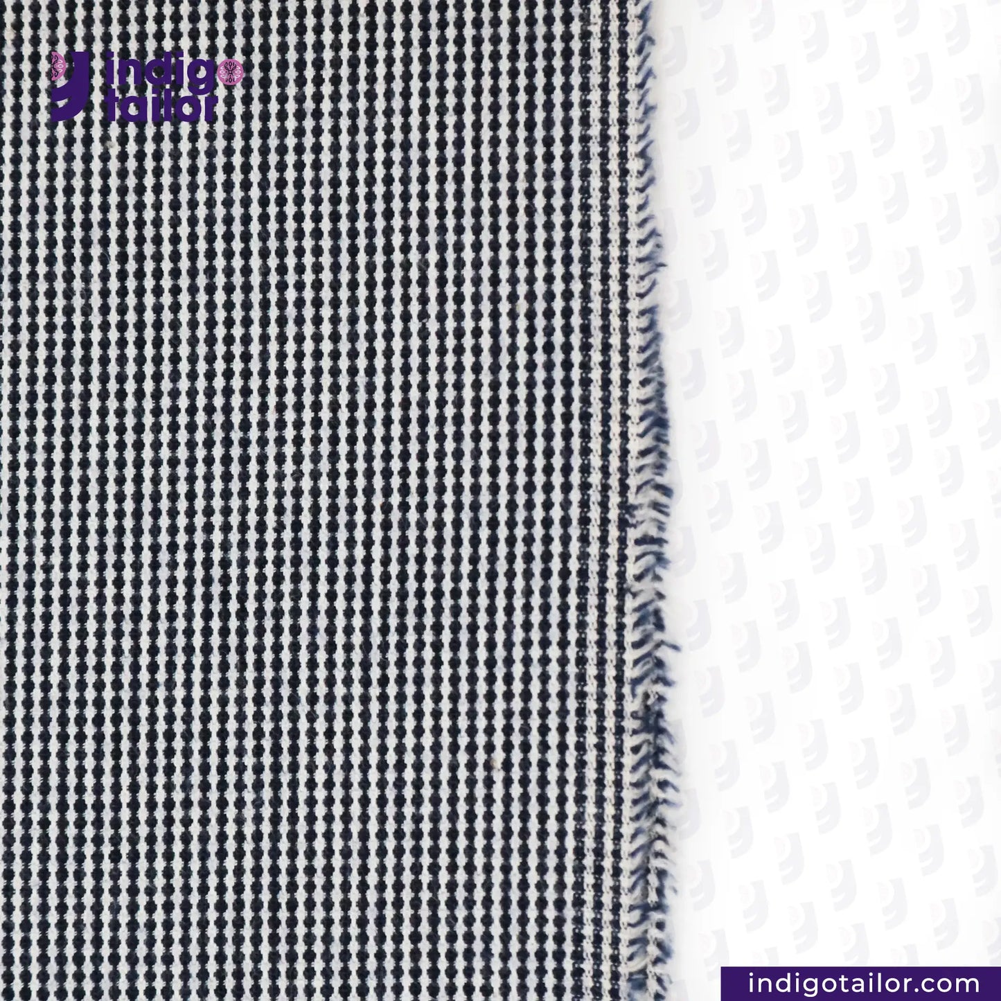 SUMMER SASHIKO DOBBY fabric with a checkered pattern on a white background, featuring the Indigo Tailor logo.