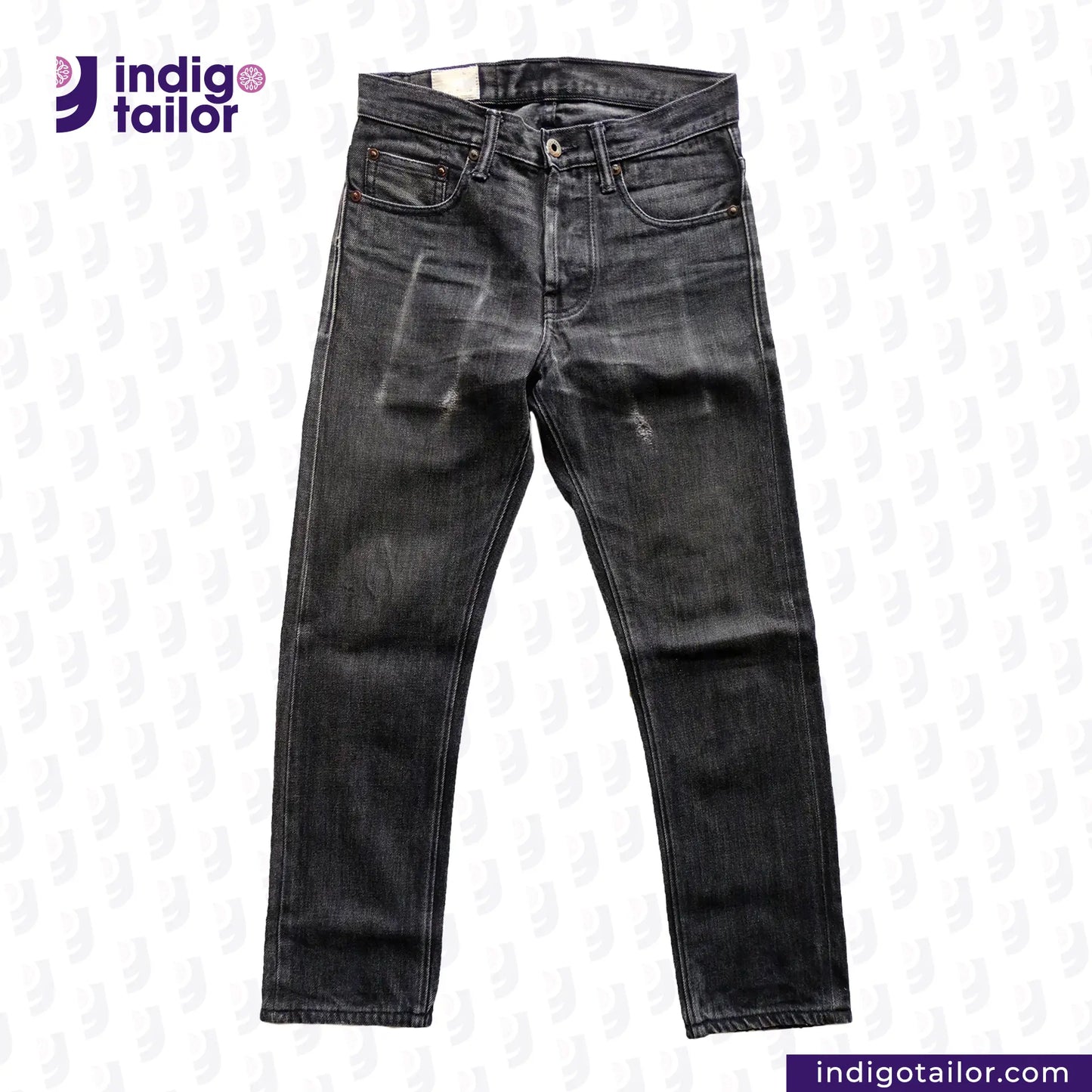 SUPER BLACK DENIM jeans on a white background with 'Indigotailor' branding.