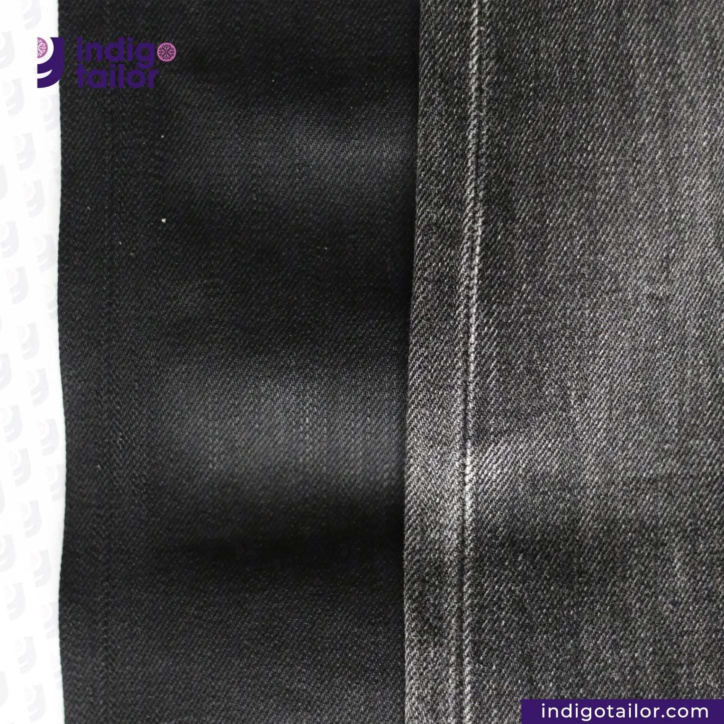 Close-up of SUPER BLACK DENIM fabric with 'Indigotailor' branding.