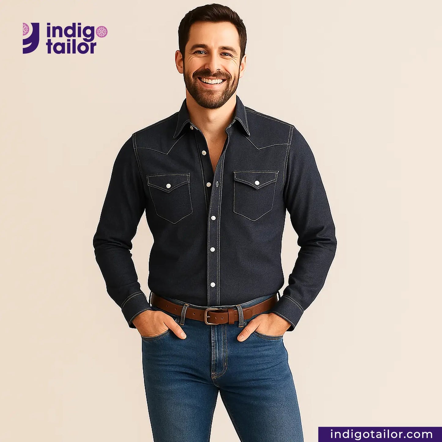 Man wearing a SUPER SOFT FLUFFY SELVEDGE DENIM shirt and jeans with 'Indigo Tailor' logo.