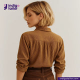 Woman wearing a TANNED CORDUROY shirt with 'Indigotailor' logo above.