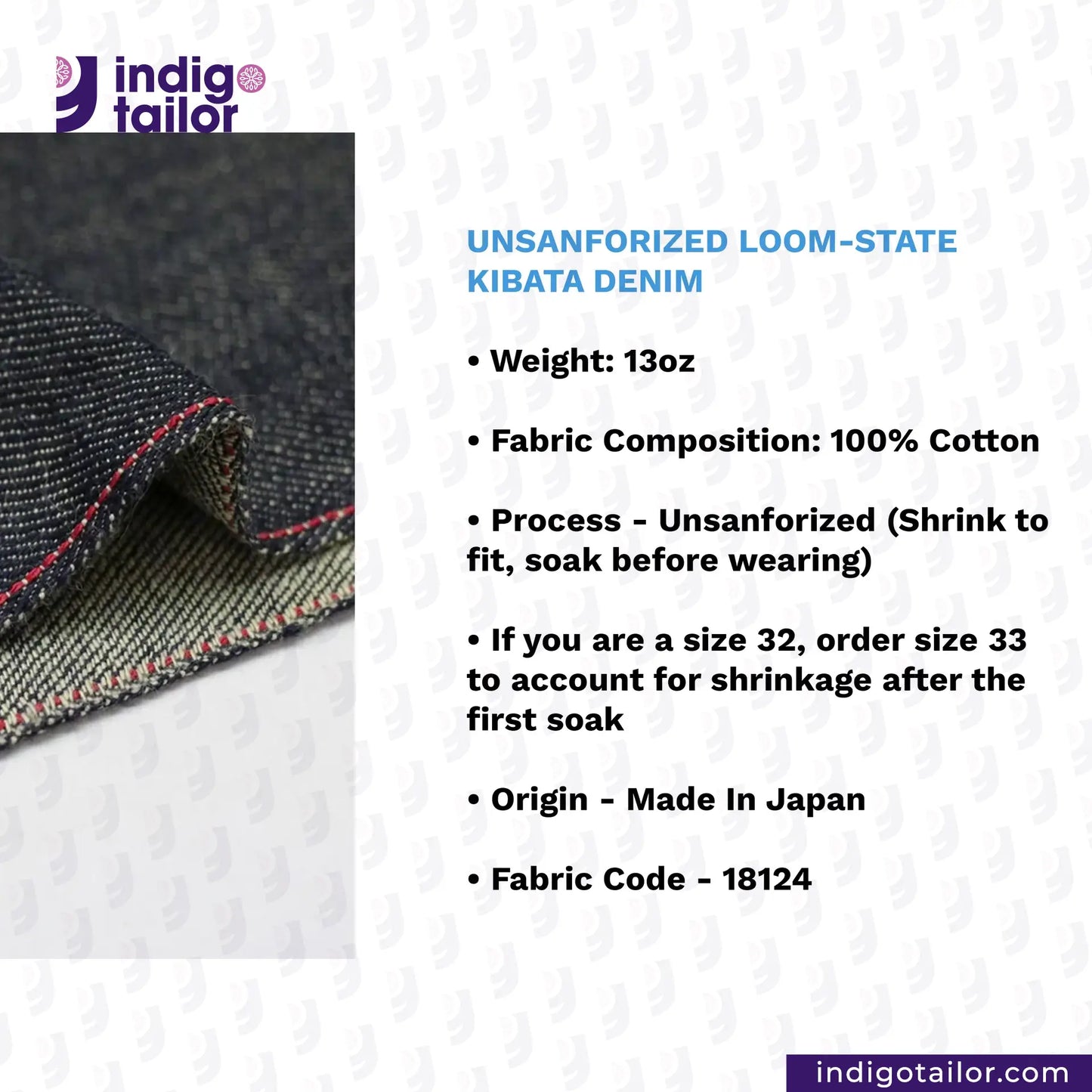 TATE OCHI DOUBLE RING SPUN SELVEDGE DENIM fabric with product details on a white background