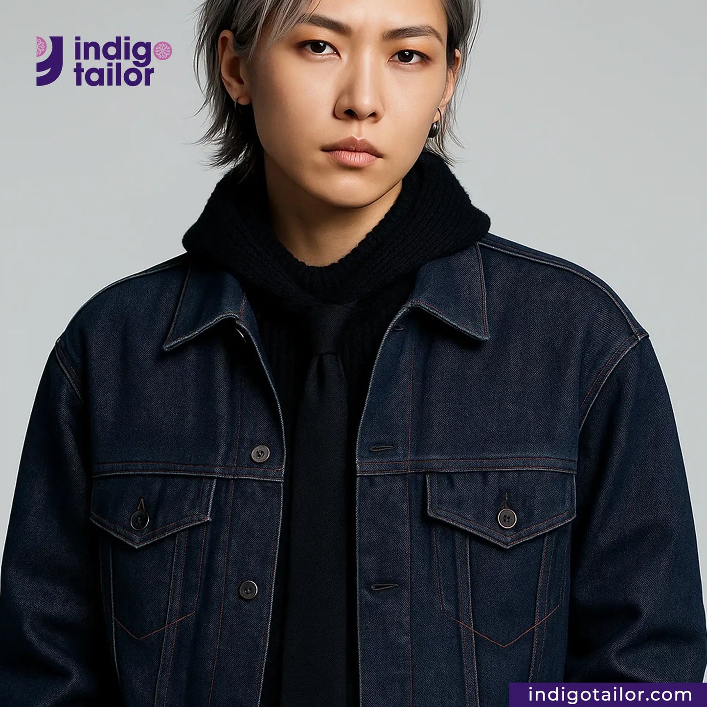 Person wearing a TROPIC CITY DENIM jacket over a black turtleneck with 'Indigo Tailor' logo.