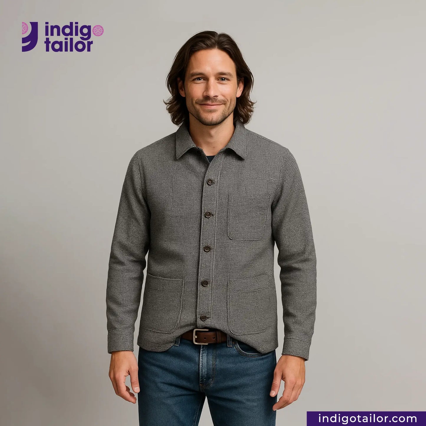 Man wearing a TWEED HOUNDSTOOTH COVERALL JACKET shirt with buttons on a plain background, featuring the Indigotailor logo.