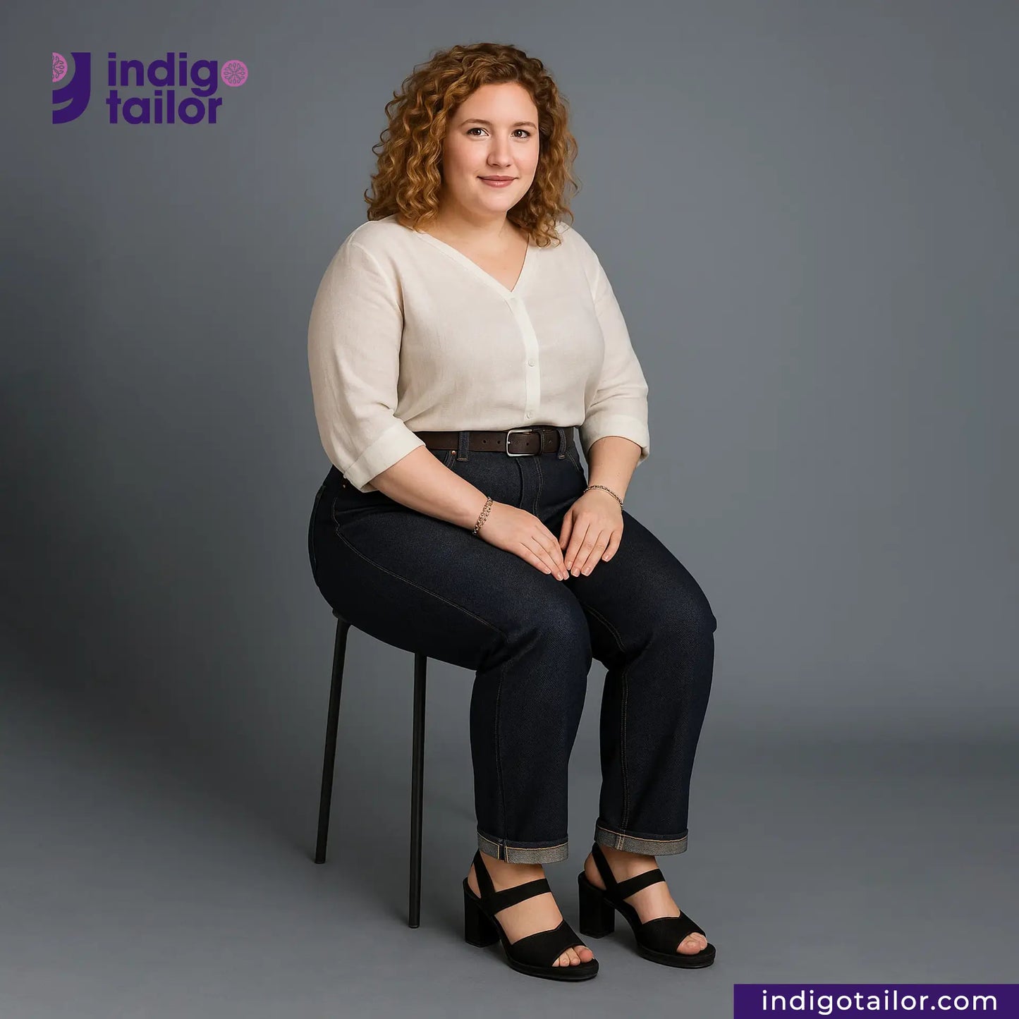 Woman sitting on a chair wearing a white blouse and TWO TONE SELVEDGE PAPER WEIGHT DENIM pants with Indigotailor logo in the corner.