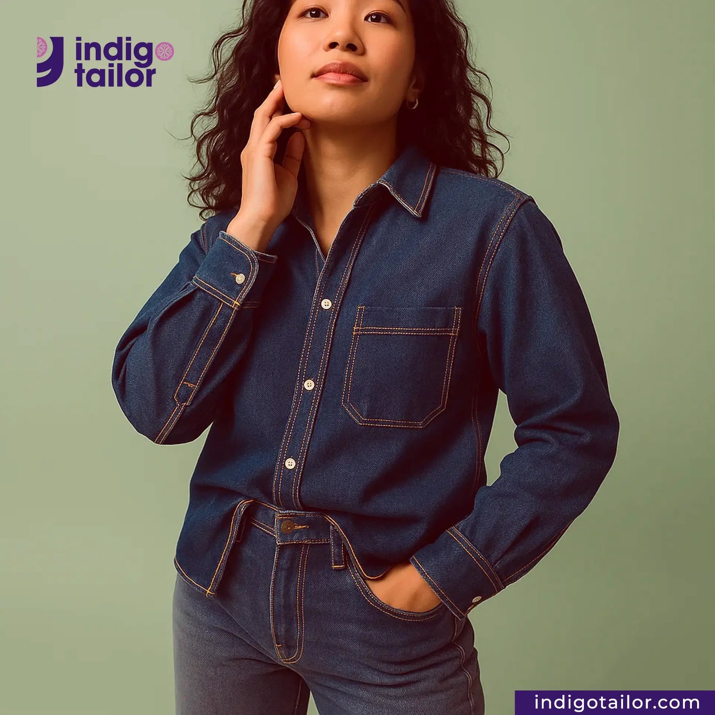 Woman wearing a TWO TONE SELVEDGE PAPER WEIGHT DENIM outfit with 'Indigotailor' branding on a green background