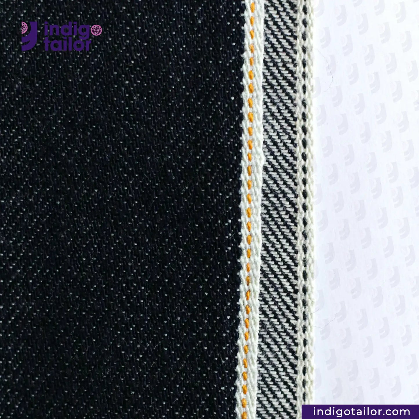 Close-up of TWO TONE SELVEDGE PAPER WEIGHT DENIM fabric with 'Indigotailor' branding.