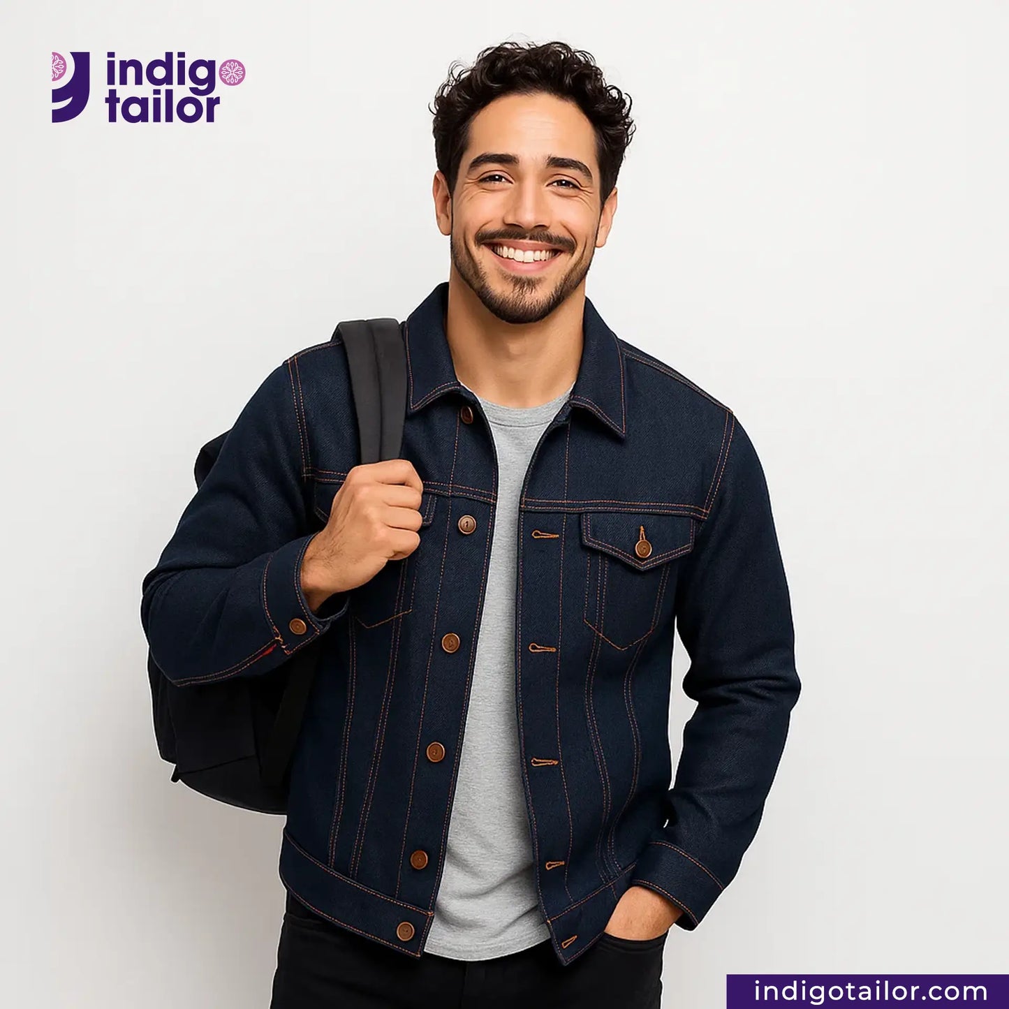 Man wearing a TWO TONE STRETCH SELVEDGE DENIM jacket with an Indigo Tailor logo above him on a white background