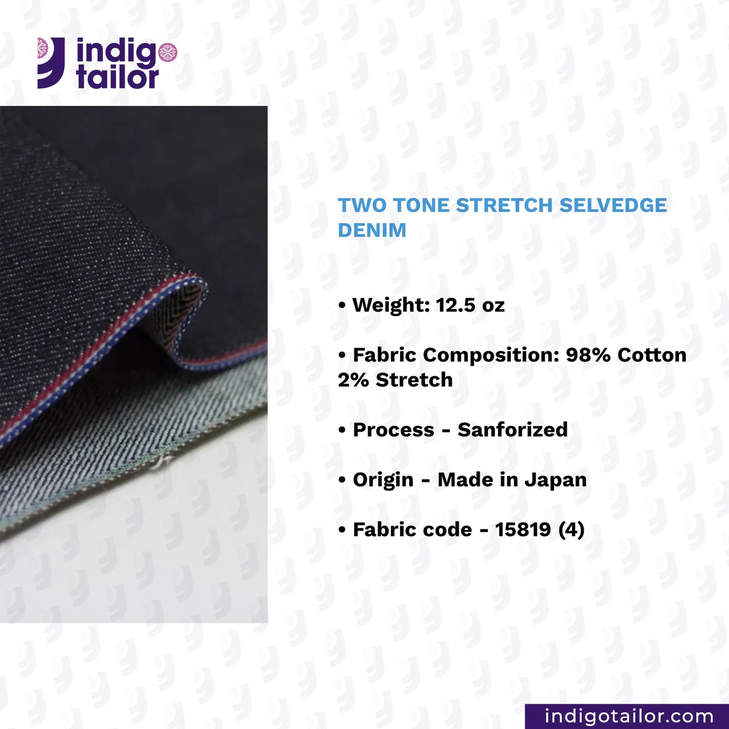 Two-tone stretch selvedge denim fabric with product details on a white background