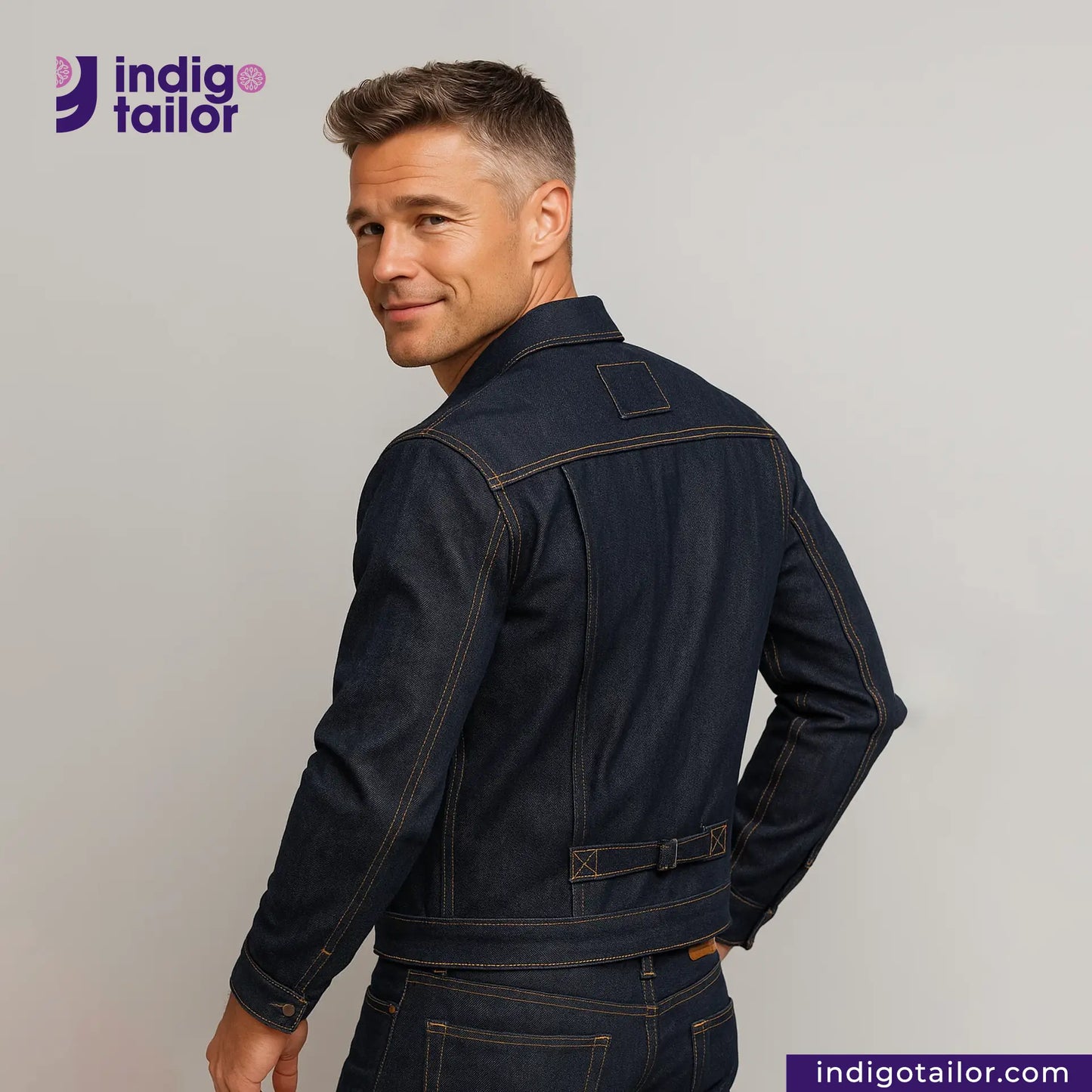 Man wearing a TYPE 1 JACKET with 'Indigo Tailor' branding on a gray background.