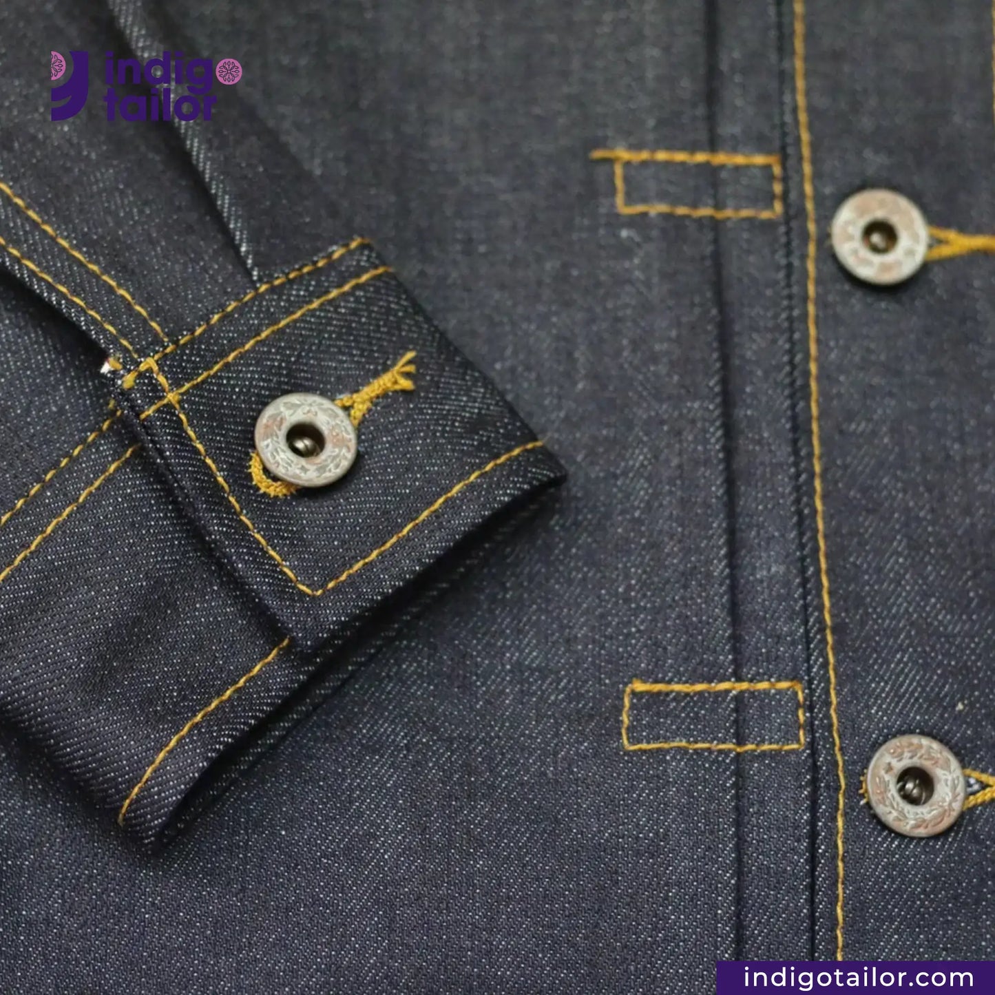 Close-up of TYPE 1 JACKET with button details, featuring 'Indigo Tailor' branding.