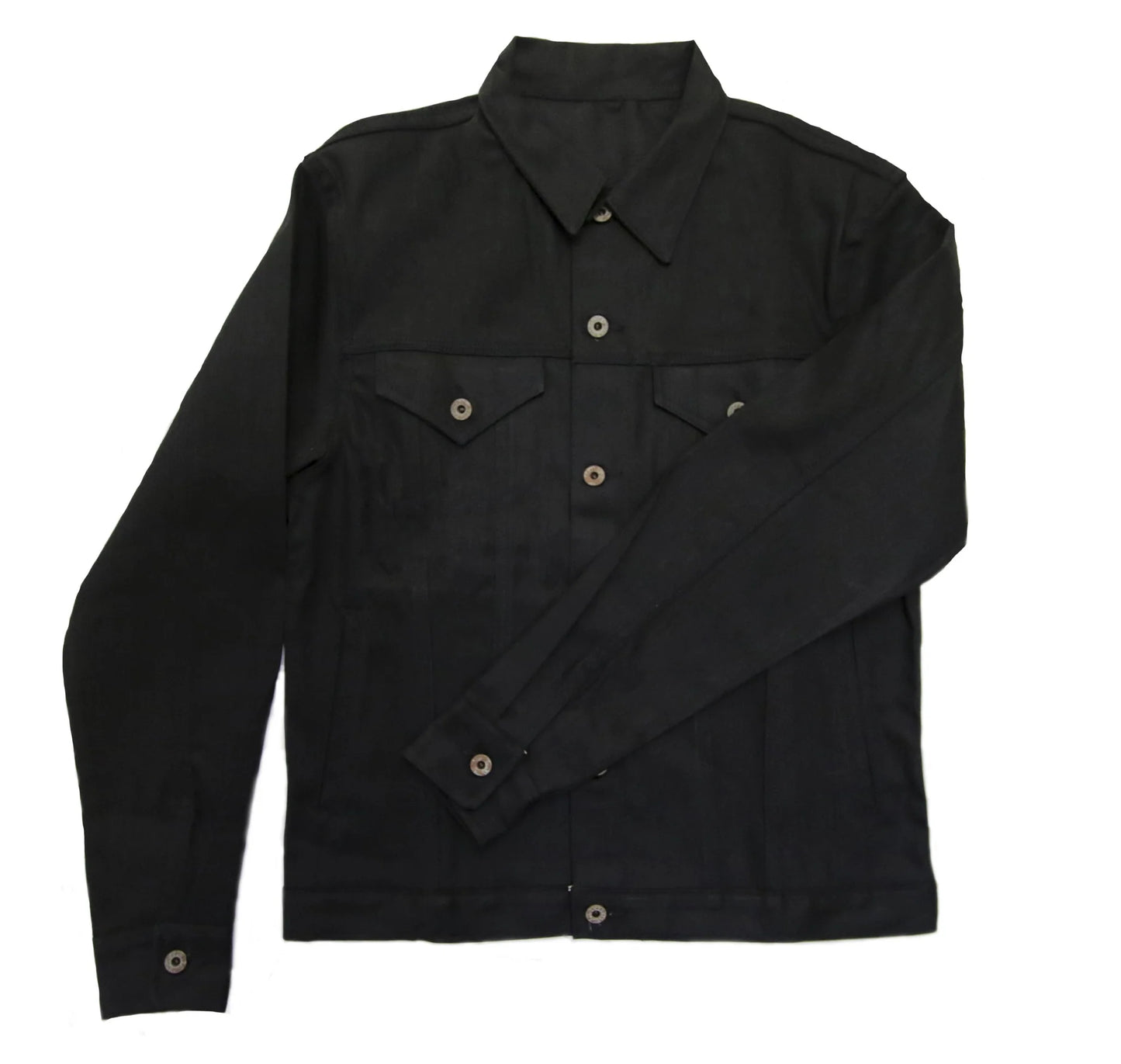 TYPE III DOUBLE BLACK TRUCKER JACKET with button details on a white background