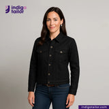 Woman wearing a TYPE III DOUBLE BLACK TRUCKER JACKET with 'Indigo Tailor' logo above her.