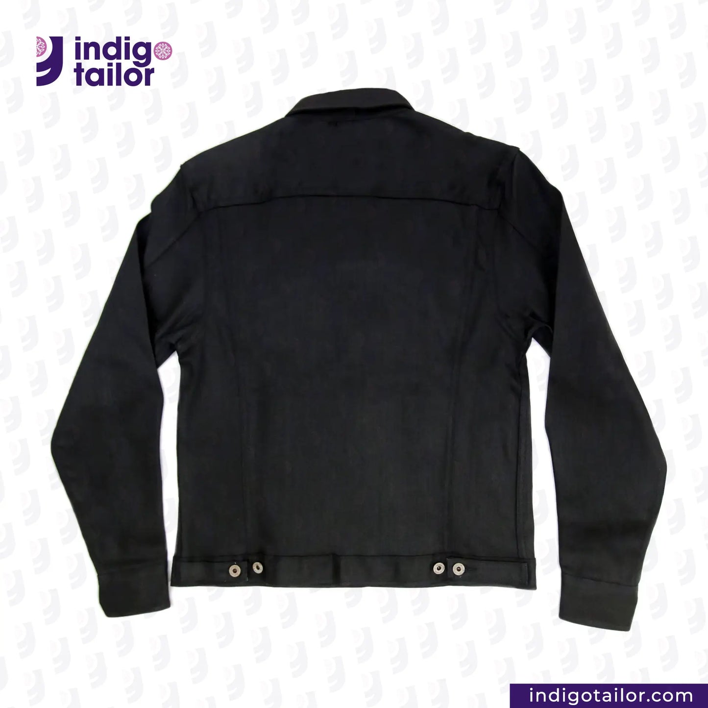 TYPE III DOUBLE BLACK TRUCKER JACKET on a light gray background with 'Indigotailor' branding.
