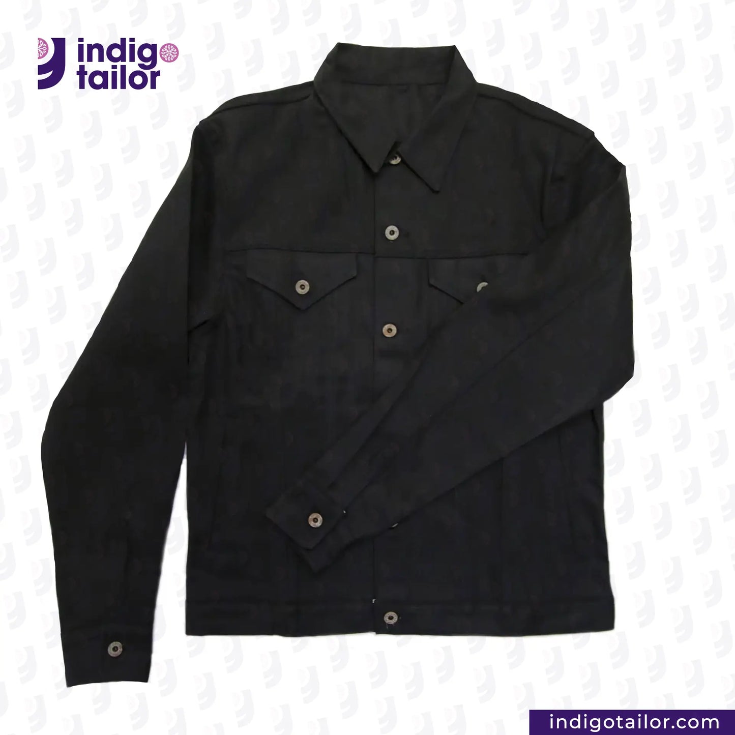 TYPE III DOUBLE BLACK TRUCKER JACKET with button details on a white background, featuring the Indigotailor logo.