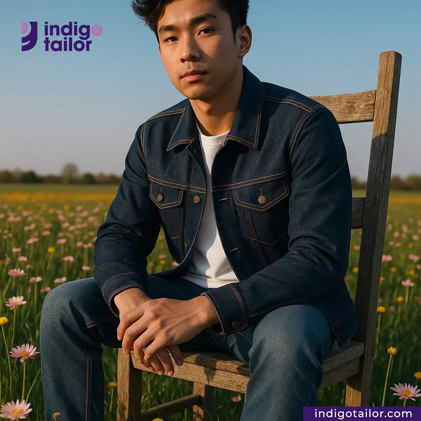 Man sitting on a wooden chair in a field with Indigotailor branding. Wearing UNSANFORIZED LOOM-STATE KIBATA DENIM Jacket