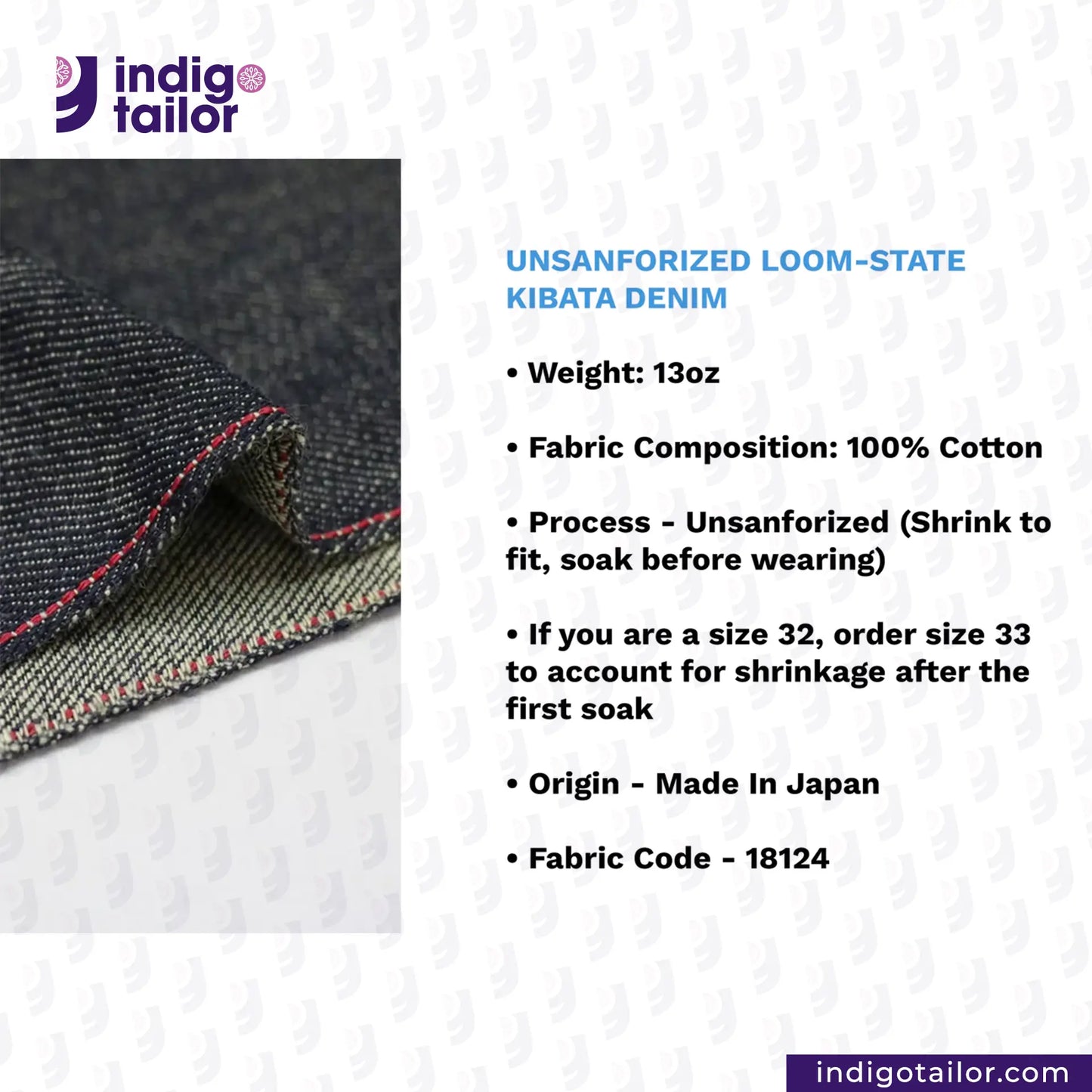 UNSANFORIZED LOOM-STATE KIBATA DENIM fabric with product details on a white background