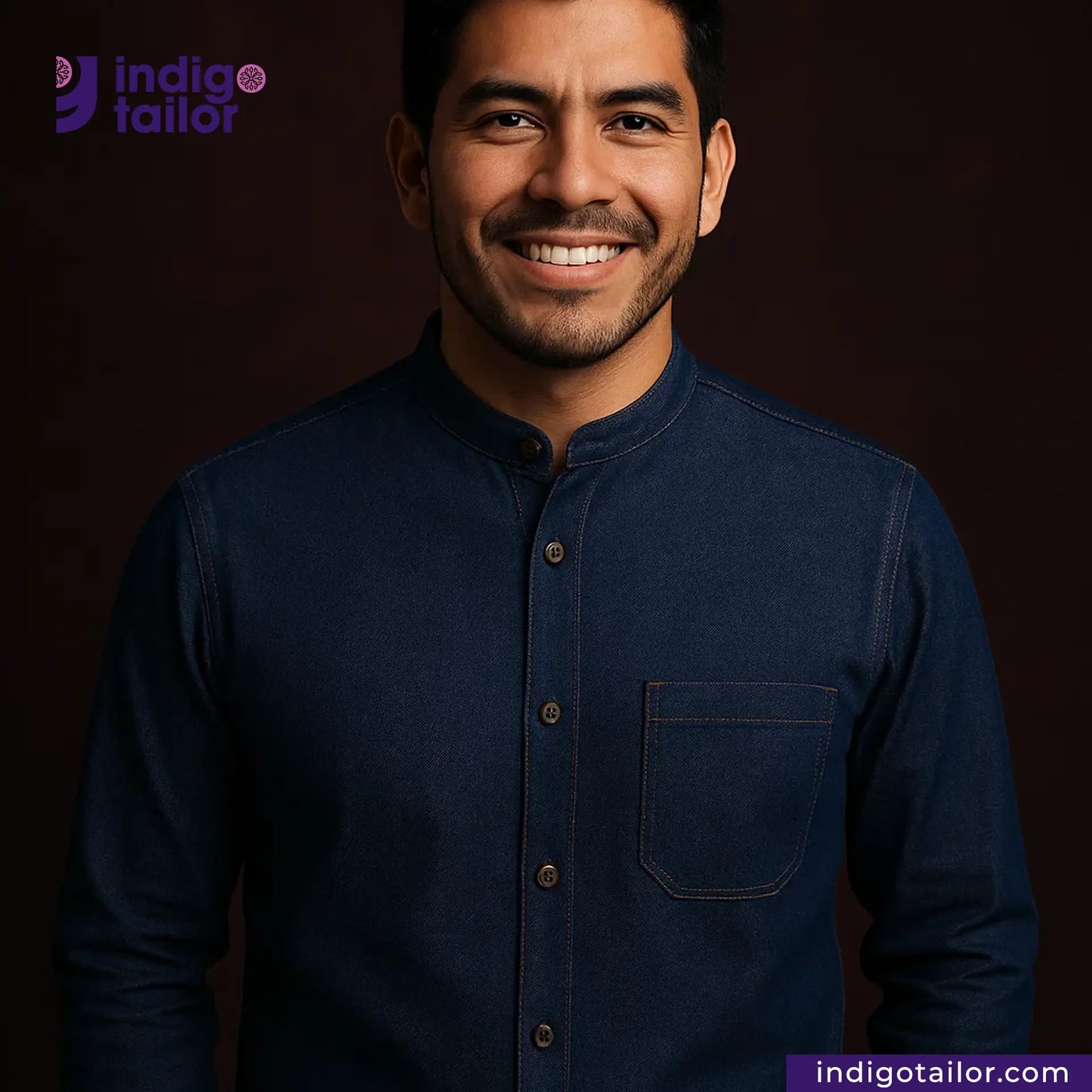 Man wearing a VINTAGE BLUE SELVEDGE DENIM shirt with Indigotailor logo and website on a dark background