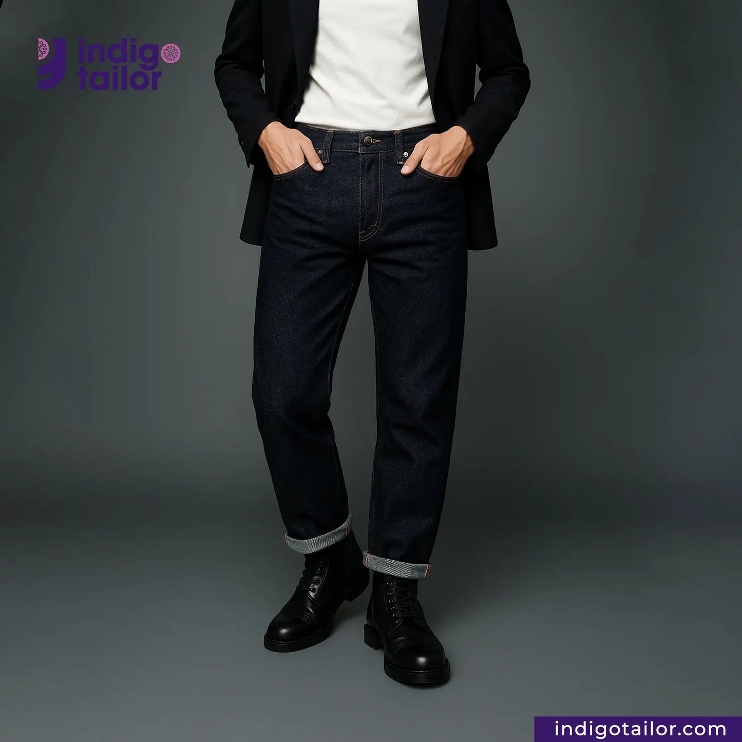 Person wearing black suit jacket, white shirt, VINTAGE SLUB DENIM jeans, and black boots on a gray background with 'Indigo Tailor' branding.
