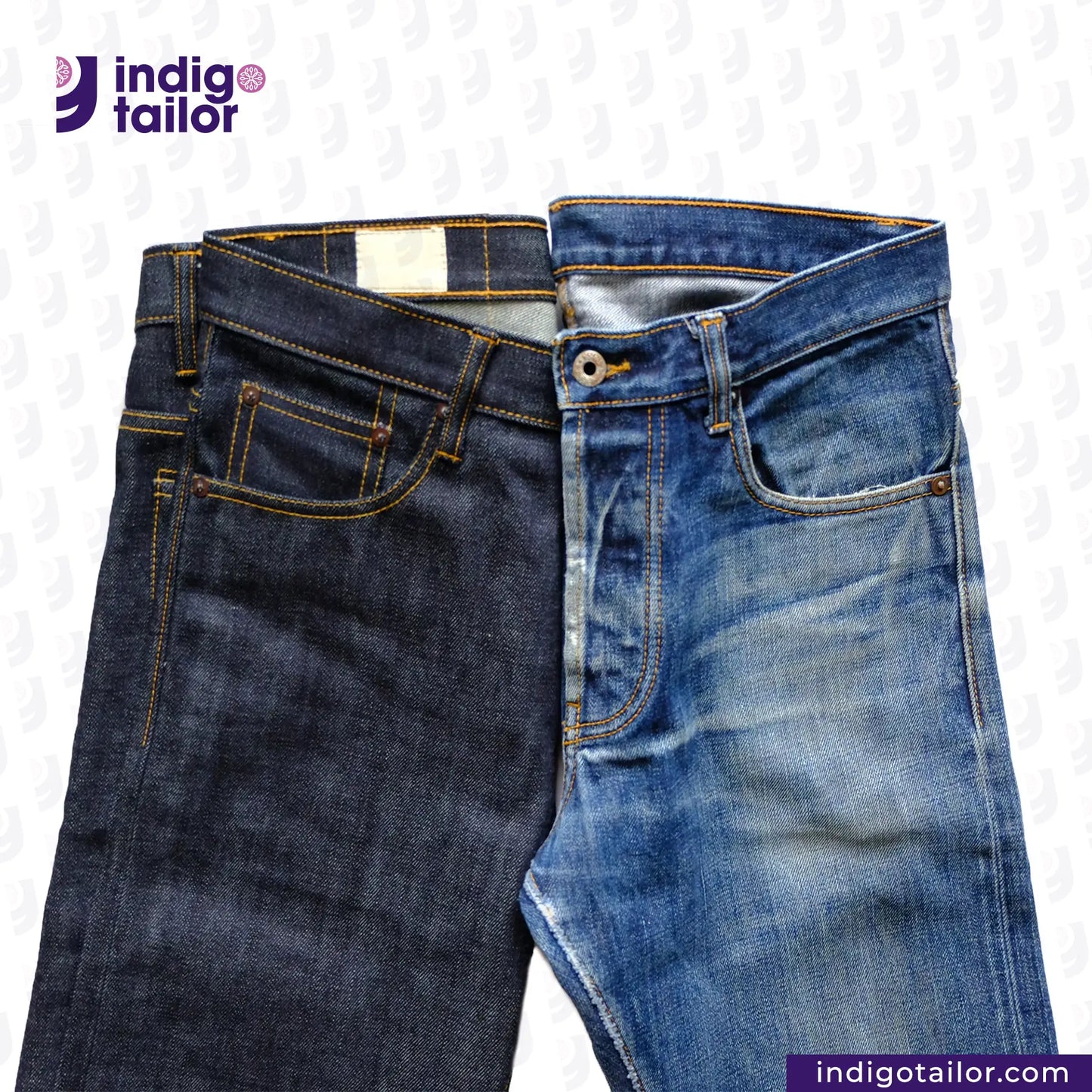 Two pairs of VINTAGE SLUB DENIM jeans displayed side by side with 'Indigo Tailor' branding.