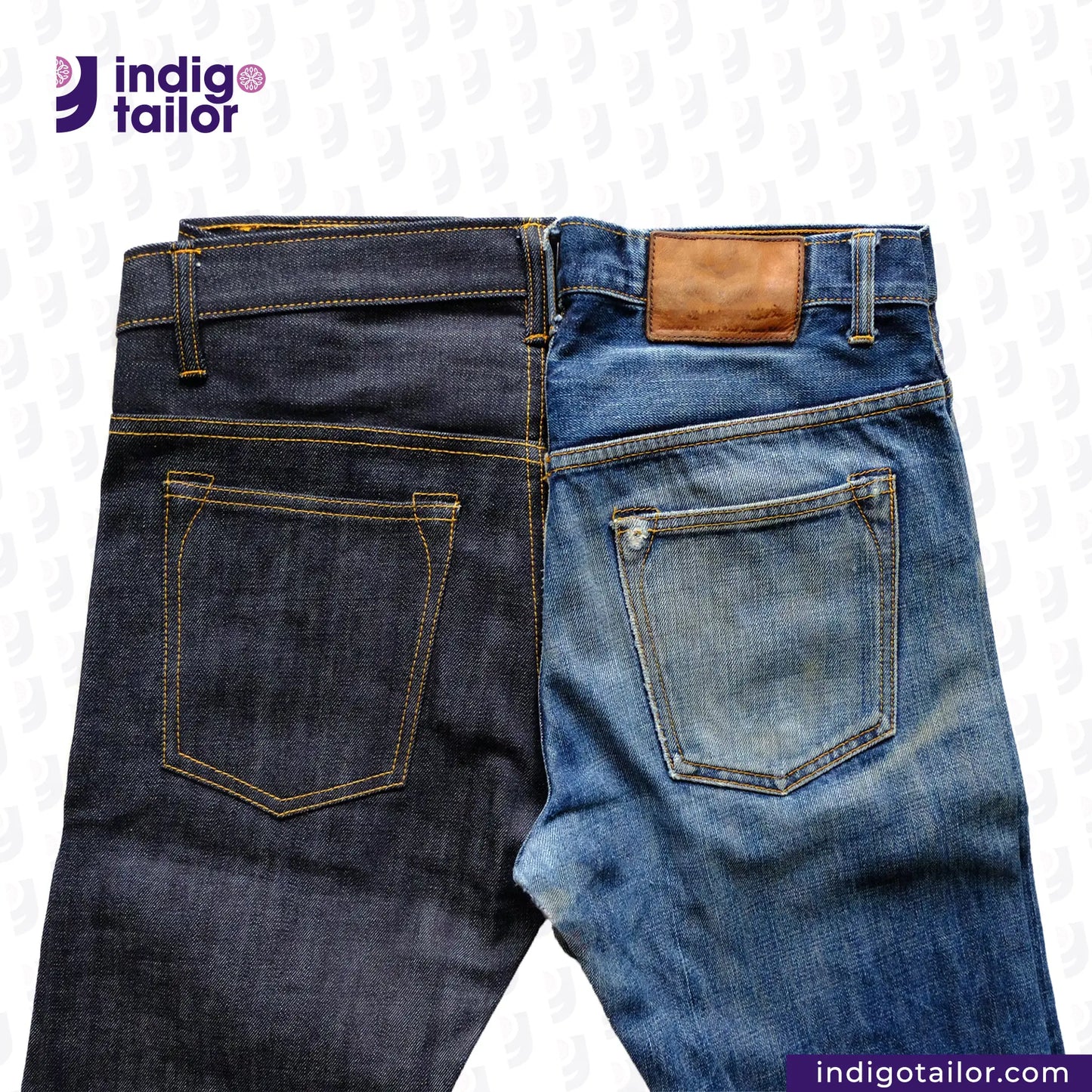 Two pairs of VINTAGE SLUB DENIM jeans, one dark blue and one light blue, displayed side by side with 'Indigotailor' logo above.