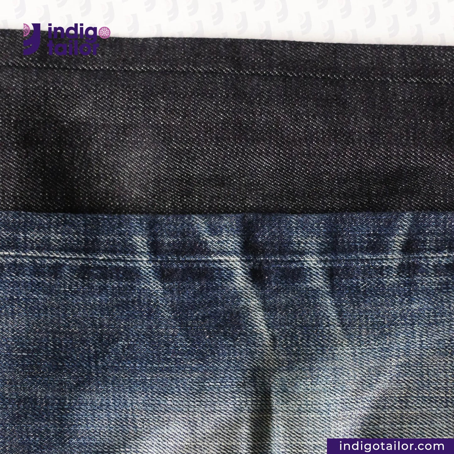 Close-up of VINTAGE SLUB DENIM fabric with 'Indigo Tailor' branding.