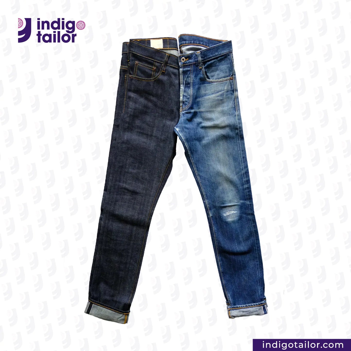 VINTAGE SLUB DENIM of blue jeans with 'Indigotailor' branding on a light gray background
