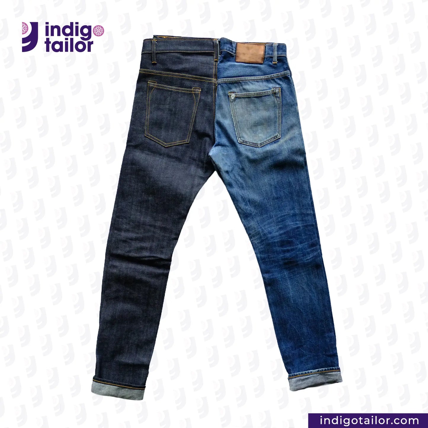 Two pairs of VINTAGE SLUB DENIM jeans displayed with 'Indigotailor' logo and website on a white background.