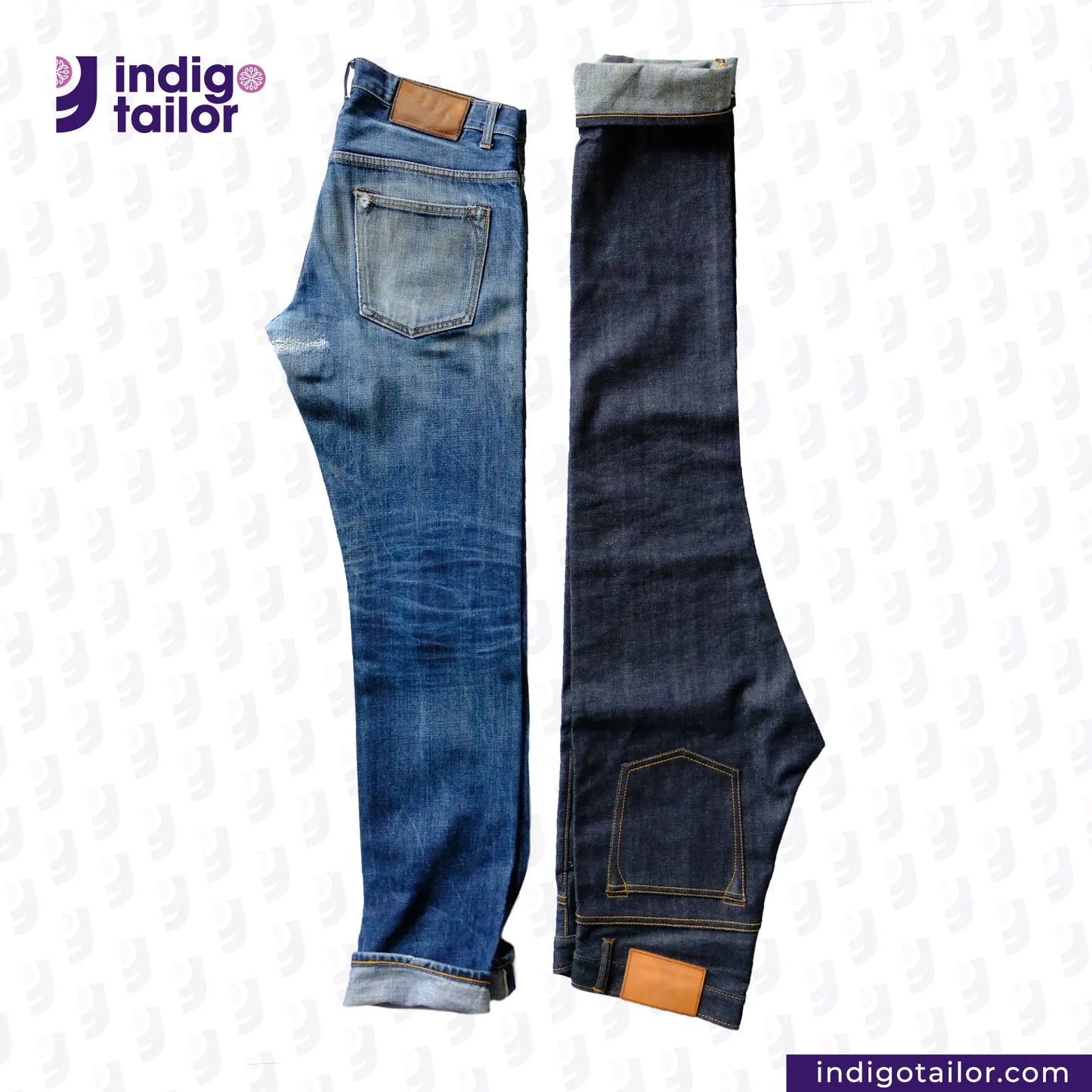 Two pairs of VINTAGE SLUB DENIM jeans, one light blue and one dark blue, displayed side by side with 'Indigo Tailor' branding.