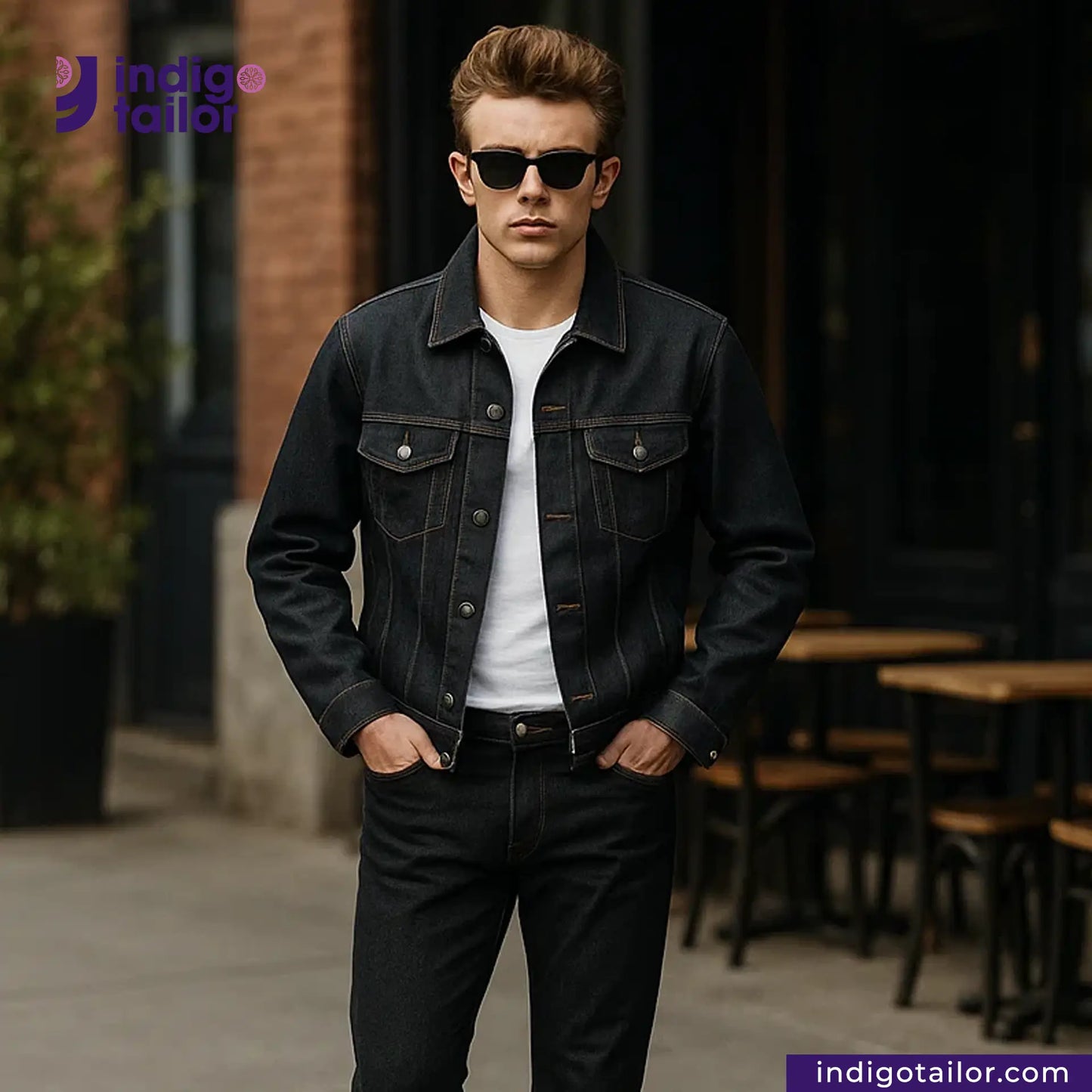 Man wearing a WASHED BLACK x BLACK SELVEDGE DENIM jacket and sunglasses standing outdoors with 'Indigotailor' branding.