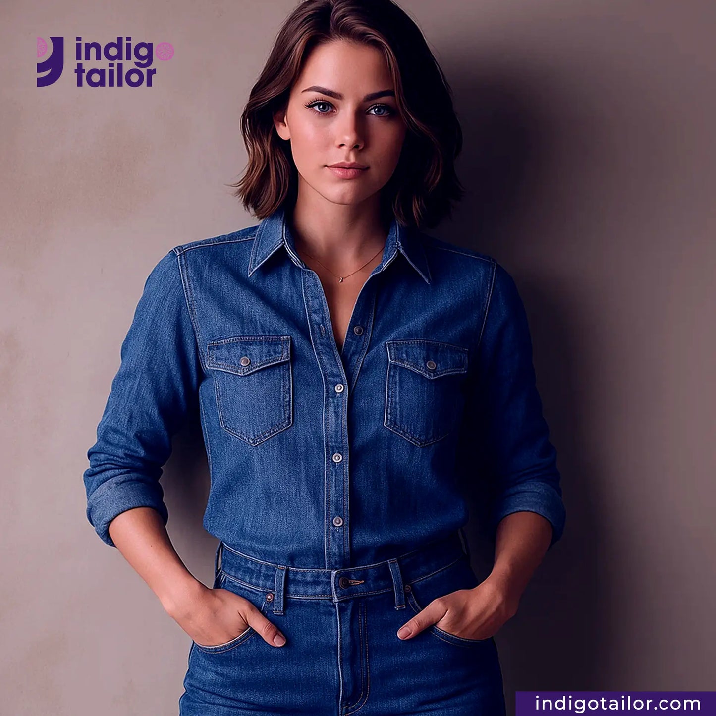 Woman wearing a WASHED VINTAGE SLUB SELVEDGE DENIM outfit with 'Indigo Tailor' branding.
