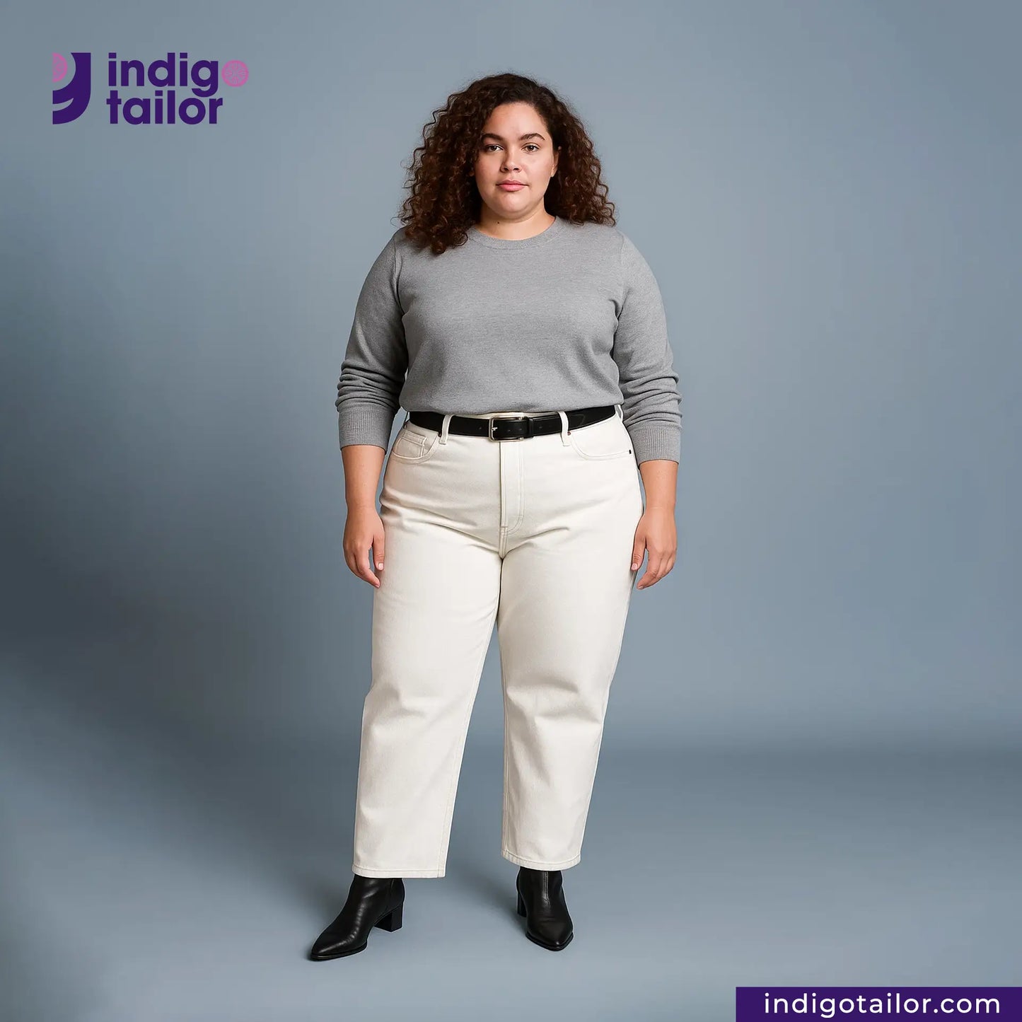 Craft Your Own Jeans, Person wearing a white denim Jeans with 'indigotailor' branding on a gray background. WHITE DENIM BLACK SELVEDGE