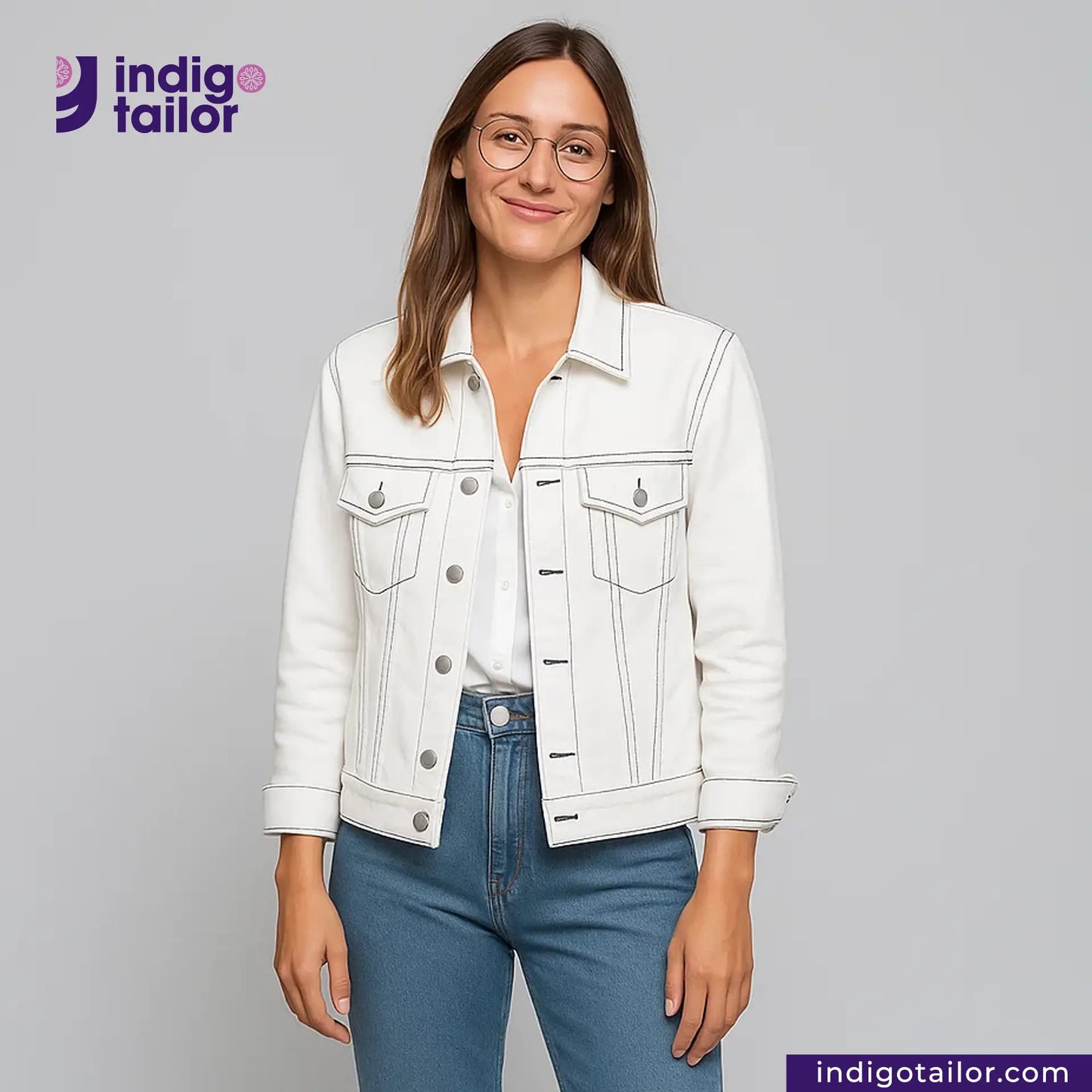 Woman wearing a WHITE DENIM BLACK SELVEDGE jacket and blue jeans with 'Indigotailor' branding.