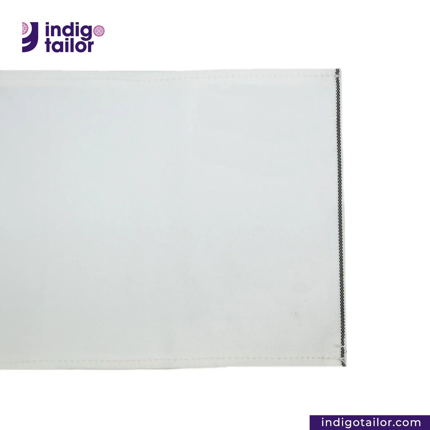 WHITE DENIM BLACK SELVEDGE fabric swatch with a visible seam on a white background, featuring the Indigotailor logo.