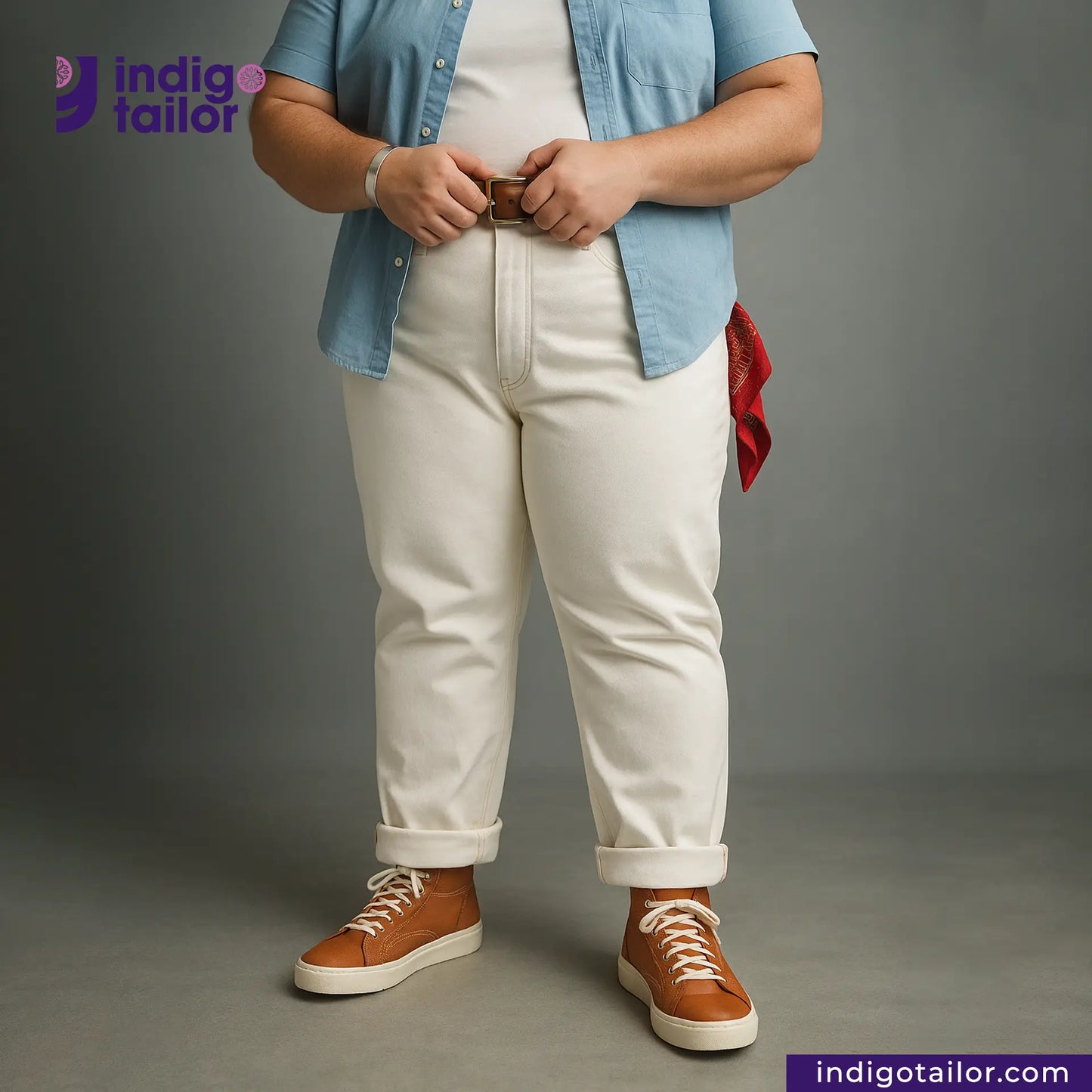 Person wearing a blue shirt, WHITE DENIM DOTTED RED SELVEDGE pants, and brown shoes on a gray background with 'Indigotailor' branding.