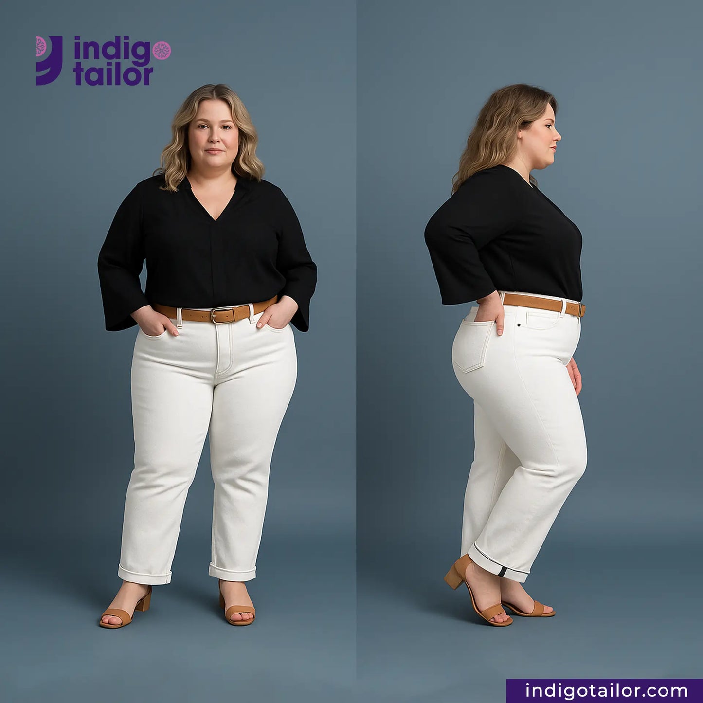 Woman wearing a black top and WHITE DENIM NAVY SELVEDGE pants with 'Indigo Tailor' branding.