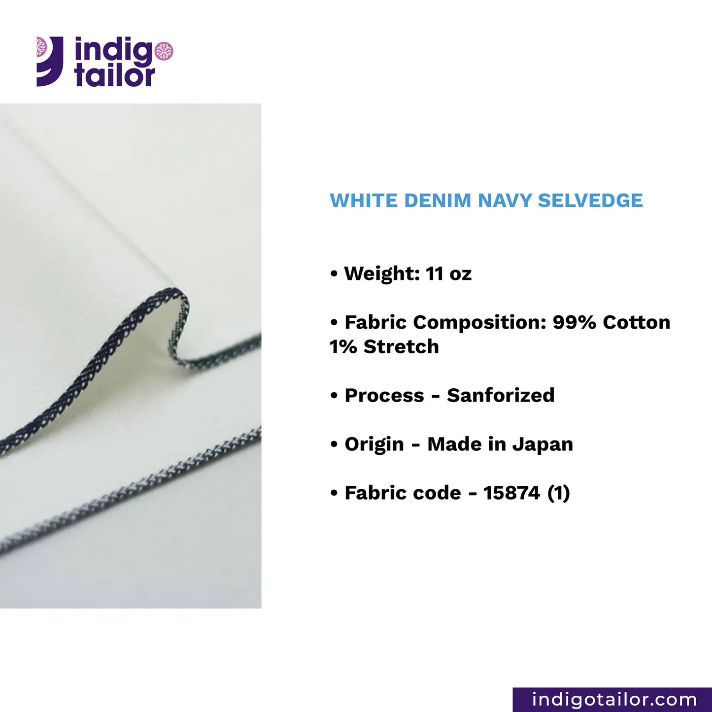 WHITE DENIM NAVY SELVEDGE denim fabric with navy selvedge on a white background, featuring Indigotailor branding.