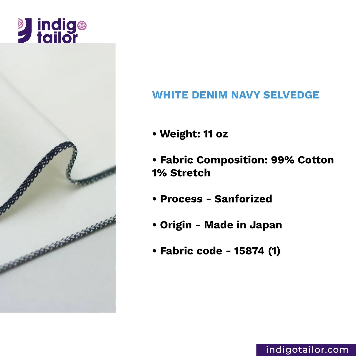 WHITE DENIM NAVY SELVEDGE denim fabric with navy selvedge and product details on a white background