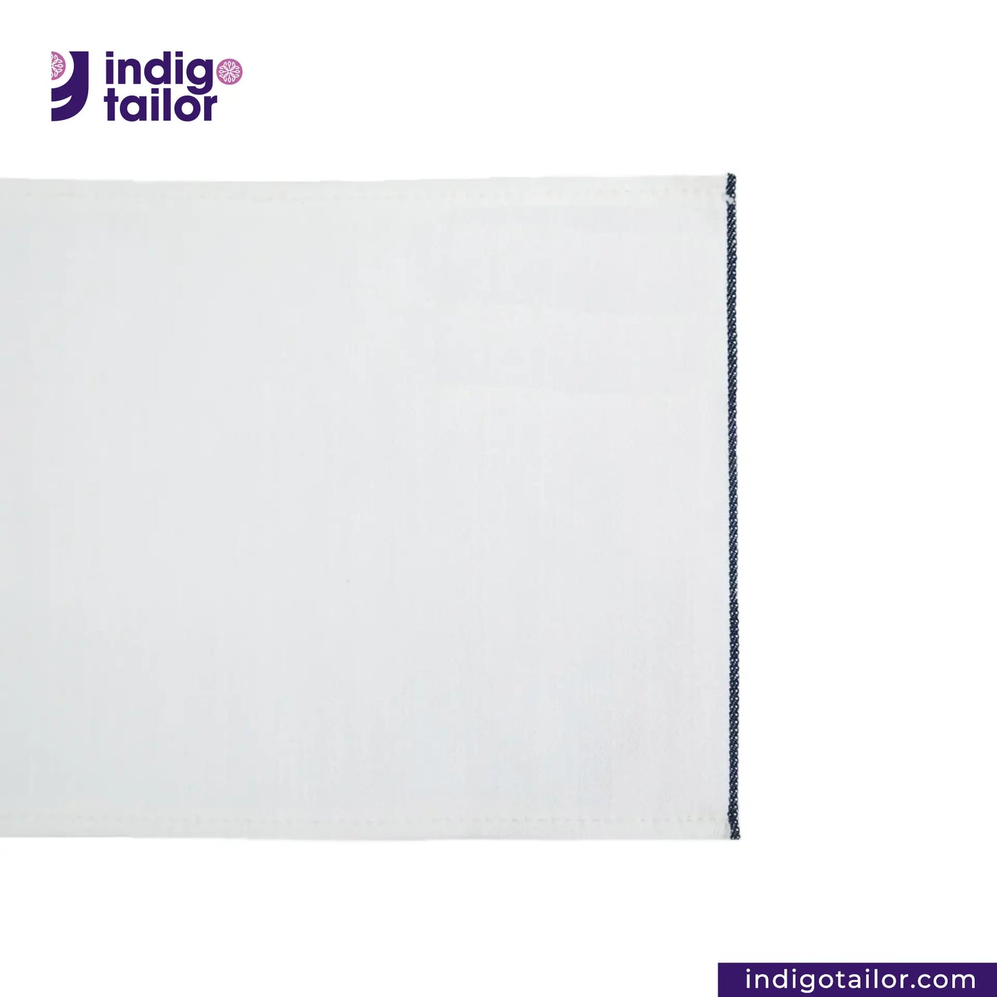 WHITE DENIM NAVY SELVEDGE fabric swatch with a black edge on a white background, featuring the Indigotailor logo.