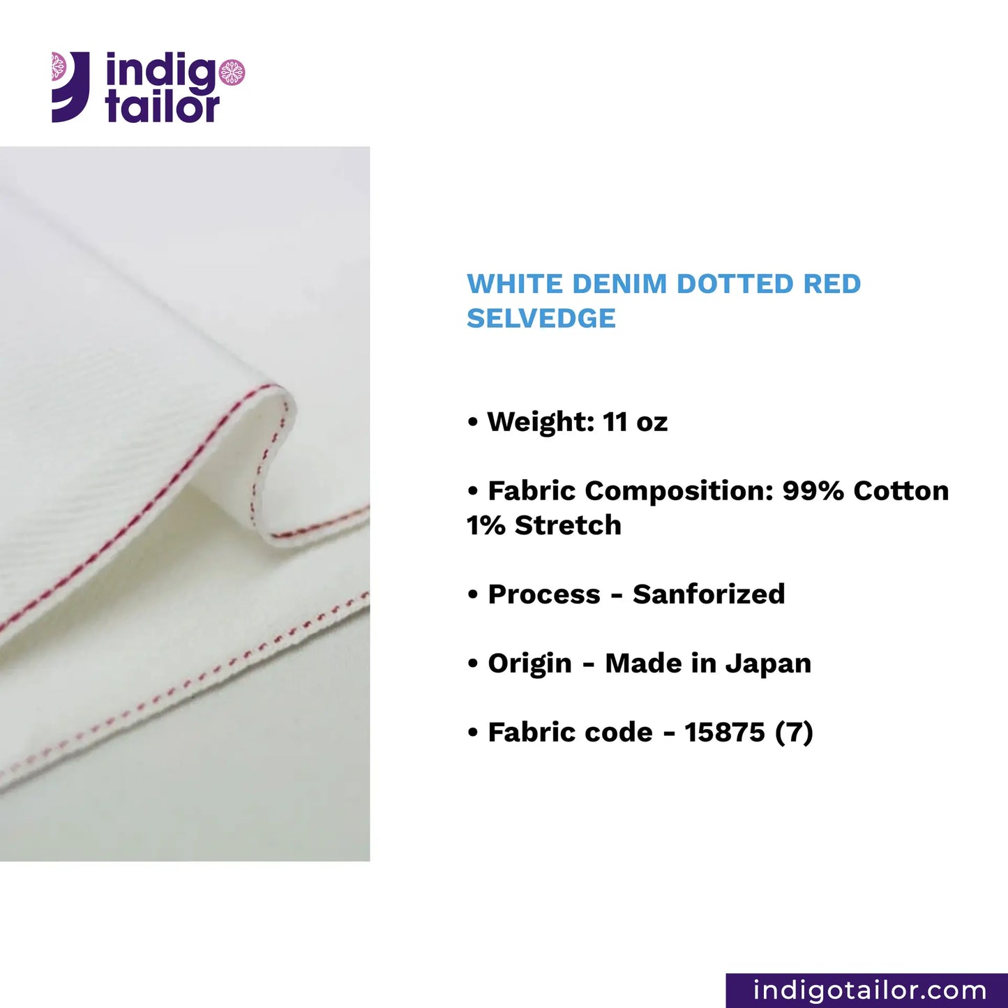 WHITE DENIM NAVY SELVEDGE fabric with red selvedge and indigotailor branding.