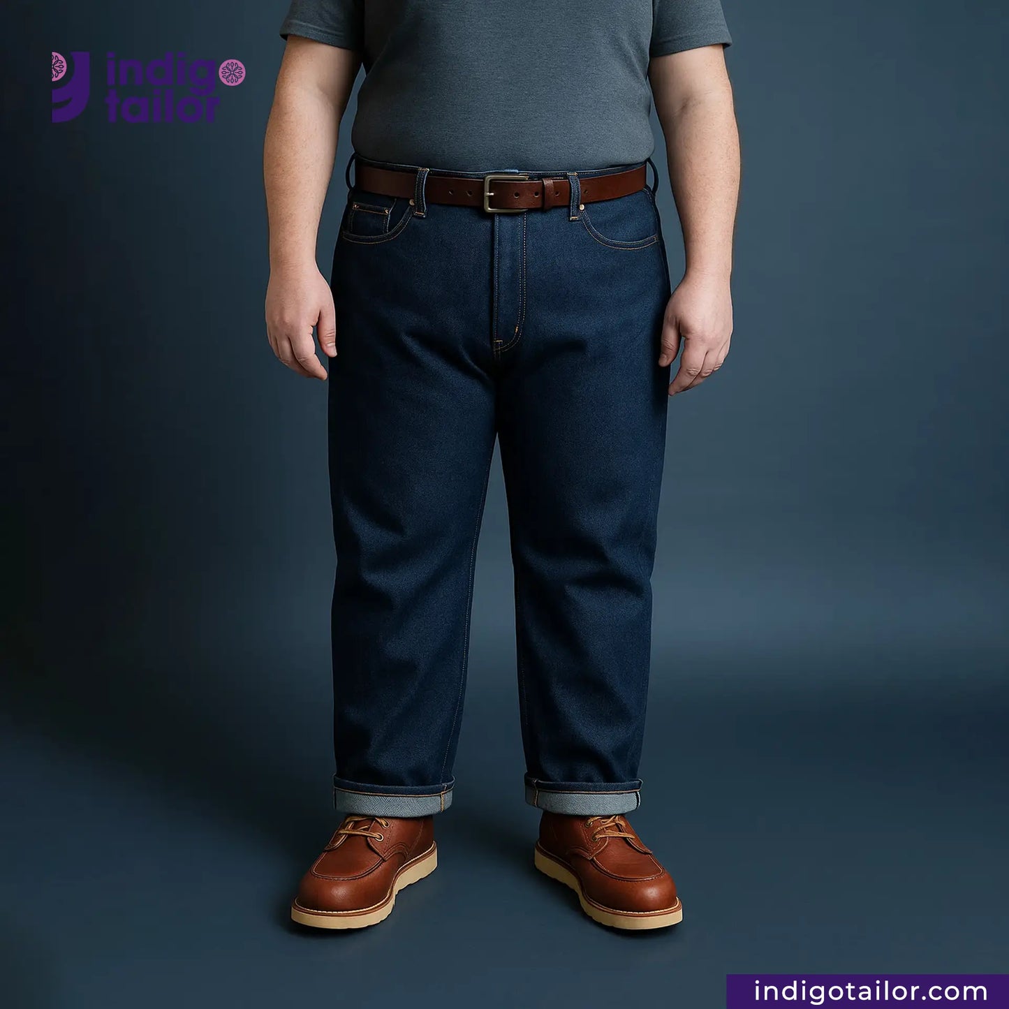 Person wearing WILD INDIGO jeans and brown shoes on a dark background with 'Indigo Tailor' branding.