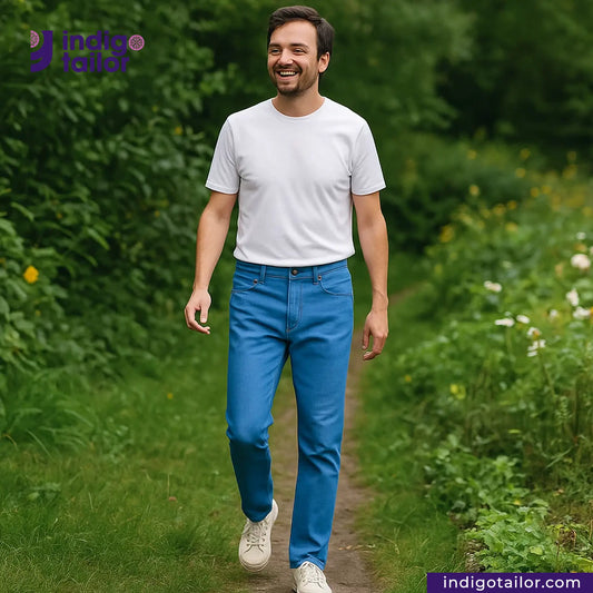 Man walking on a path in a green, natural setting with 'Indigo Tailor' branding. wearing AOZORA SKY BLUE DENIM jeans