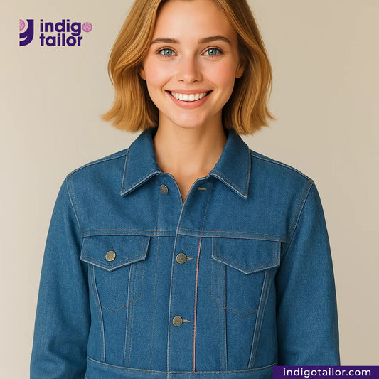 Woman wearing a AOZORA SKY BLUE SELVEDGE jacket with Indigotailor logo and website on a beige background